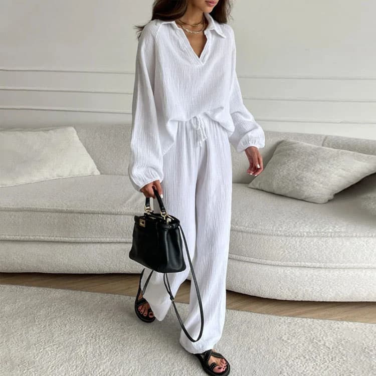 Lapel Long Sleeved Top Custom logo Drawstring Straight Pants Factory Directly Casual Pleated Suit Wholesale
