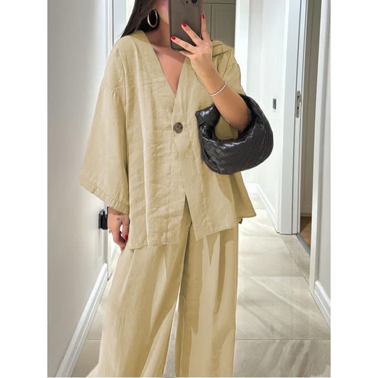 Casual Loose Women Set Wholesale Deep V Solid Color Top Custom logo Fashion Button Trousers Factory Direct