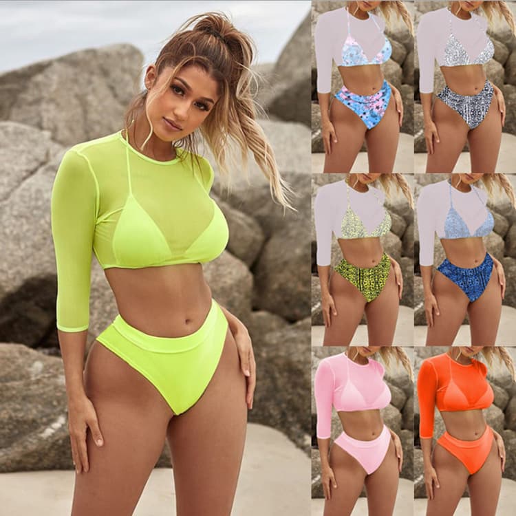 Printed Leopard Color Mesh Long Sleeve Sun Protection T-Shirt High Waist Three Piece Bikini