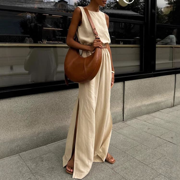 Sleeveless Sleeved Casual Top Custom logo Cotton and Linen Women Set Wholesale Loose Straight Pants Factory Directly