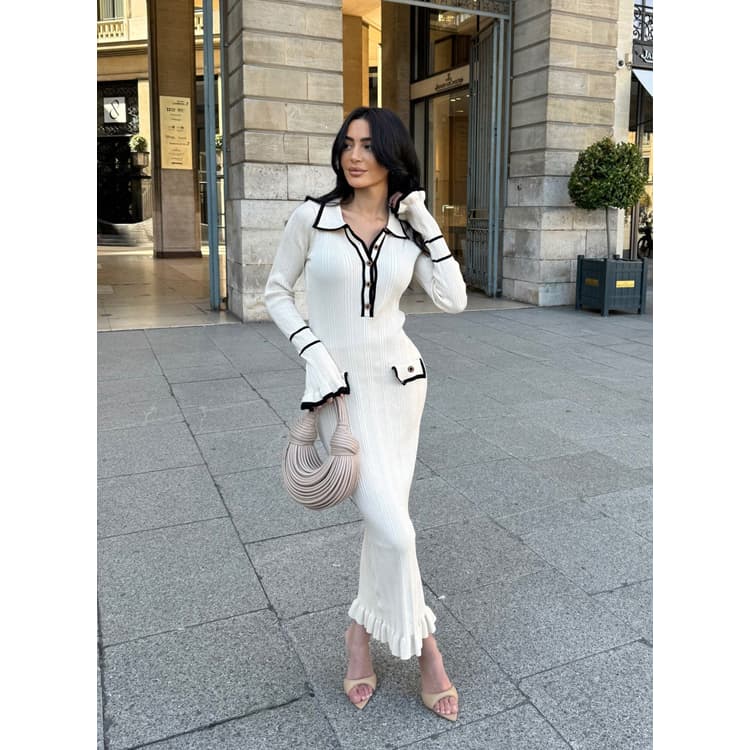 New Autumn Fashion Contrasting Long Dress Slim Fit Knit Elegant Casual Dress Button Striped Ruffled Sleeves Women Knit Dress