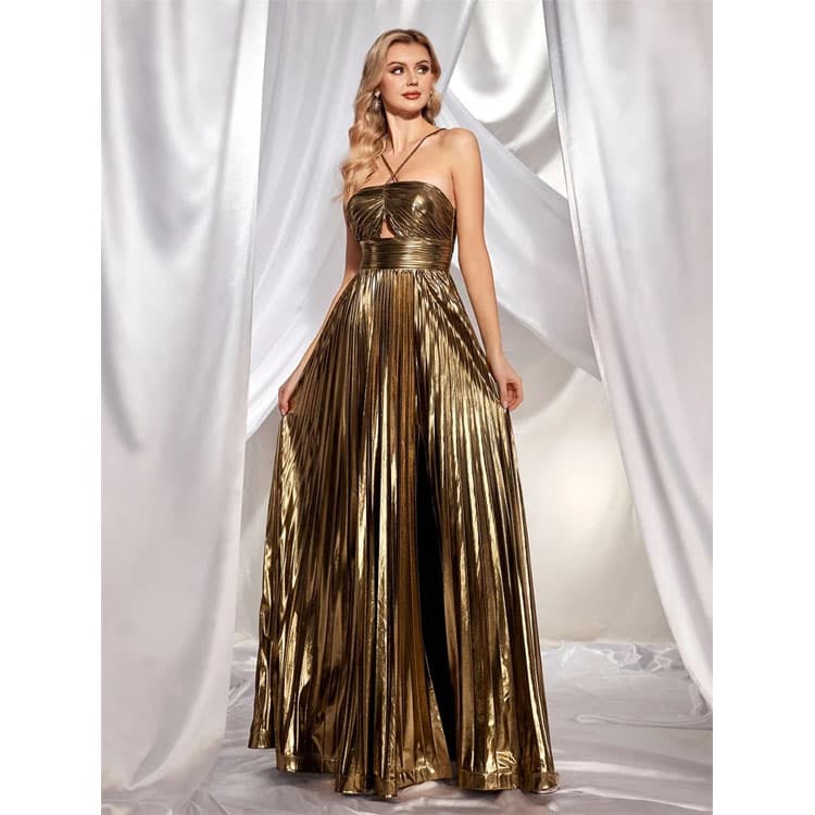 Sexy Evening Dress Custom logo Halter Neck Shiny Dress Directly Split Sleeveless Dress Wholesale