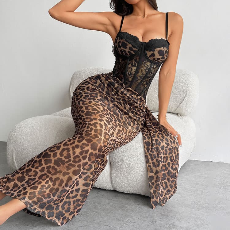 Sexy Leopard Print Dress Wholesale Lace Strapless Dress Custom logo Casual Long Dress Factory Direct