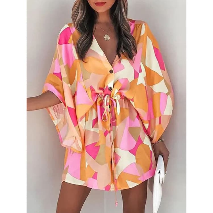 Bohemian Summer Women Half Sleeve Beach Dress Fancy V Neck Drawstring Printed Holiday Dress Wholesale