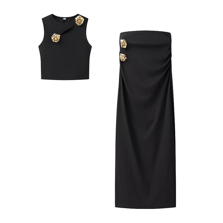 Fashion Women Set Wholesale 3D Flower Sleeveless Top Custom logo Solid Color Long Skirt Factory Directly