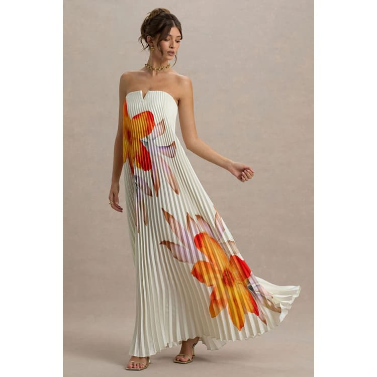 Women New Long Bustier Dress with Heavy Ruffle Pleats Loose Fit Floral Print Evening Vacation Maxi Dress