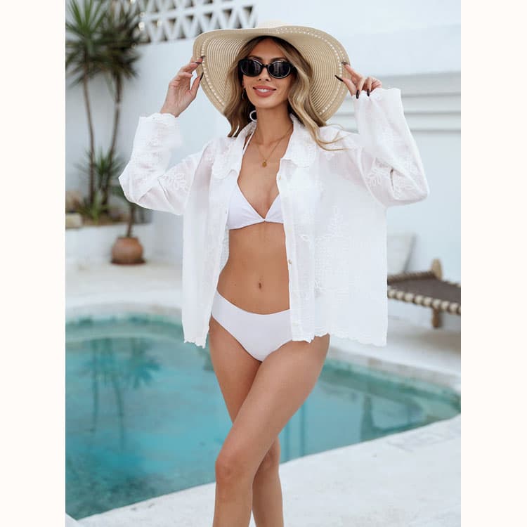 Embroidered Flower Shirt Wholesale Lace Beach Cardigan Custom logo Thin Bikini Cover up Factory Directly