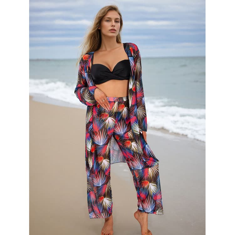 2025 New Four Piece Women Swimsuit Long Sleeve Hoodie Sunscreen Pants Bikini Tropical Printed Swimsuit