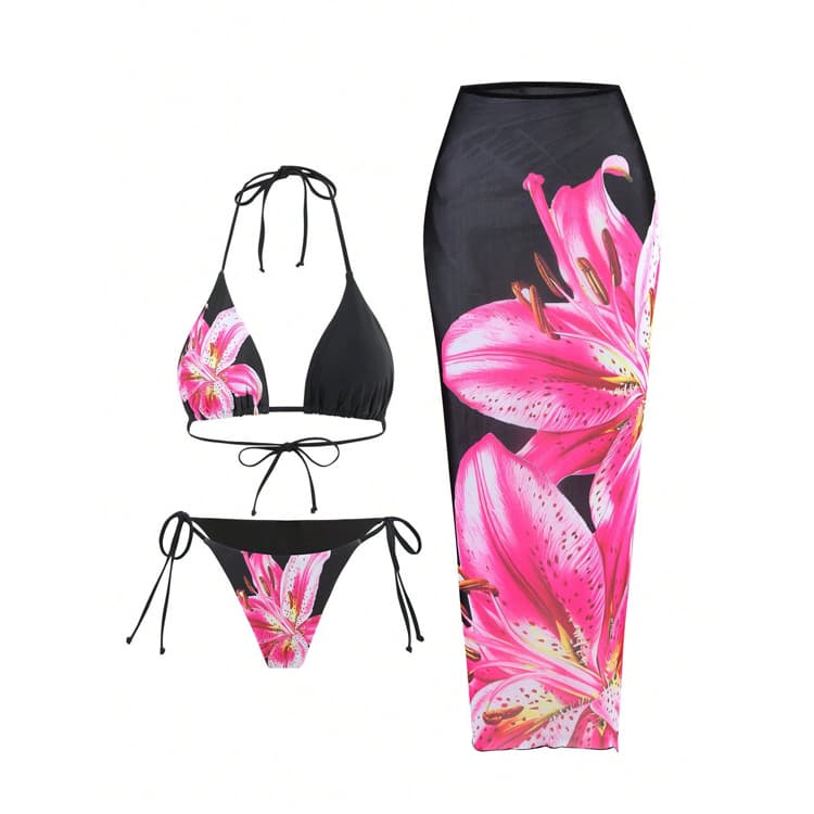 Wholesale Tropical Printed Bikini Sexy Triangle Quick Dry Cover up Bikini Long Skirt 3 Piece Swimsuit Women