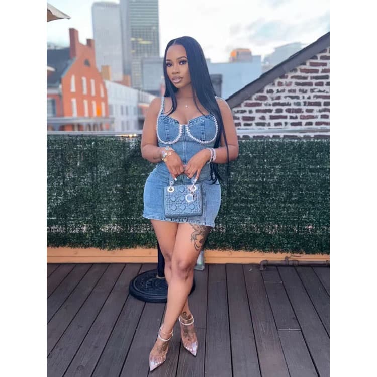 Club Party Vacation Wear New Sexy Women Denim Dress Strapless Rhinestone Embellished Bodycon Zipper Mini Dress for Summer