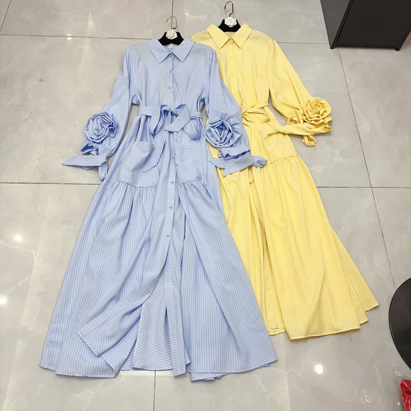 Wenshuo Casual Bow Dress Wholesale Striped Ribbon Dress Custom logo Collar Shirt Dress Factory Direct