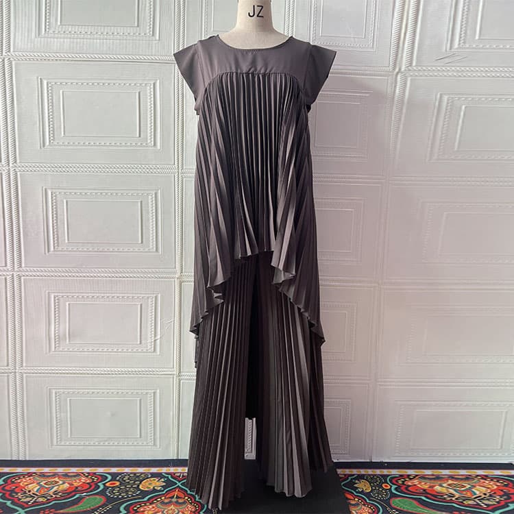 Stylish Pleated Suit Custom logo Simple Sleeveless Top Wholesale Solid Wide Leg Pants Factory Direct