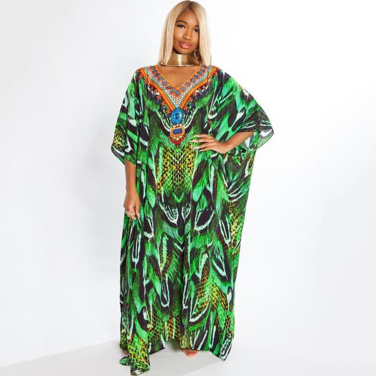 Green Snake Print Dress Casual Vacation Dress Kaftan Beach Cover up