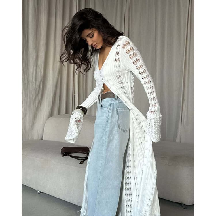 Simple Hollow Cardigan Dress Custom logo V Neck Knit Dress Wholesale Solid Color Long Dress Factory Direct