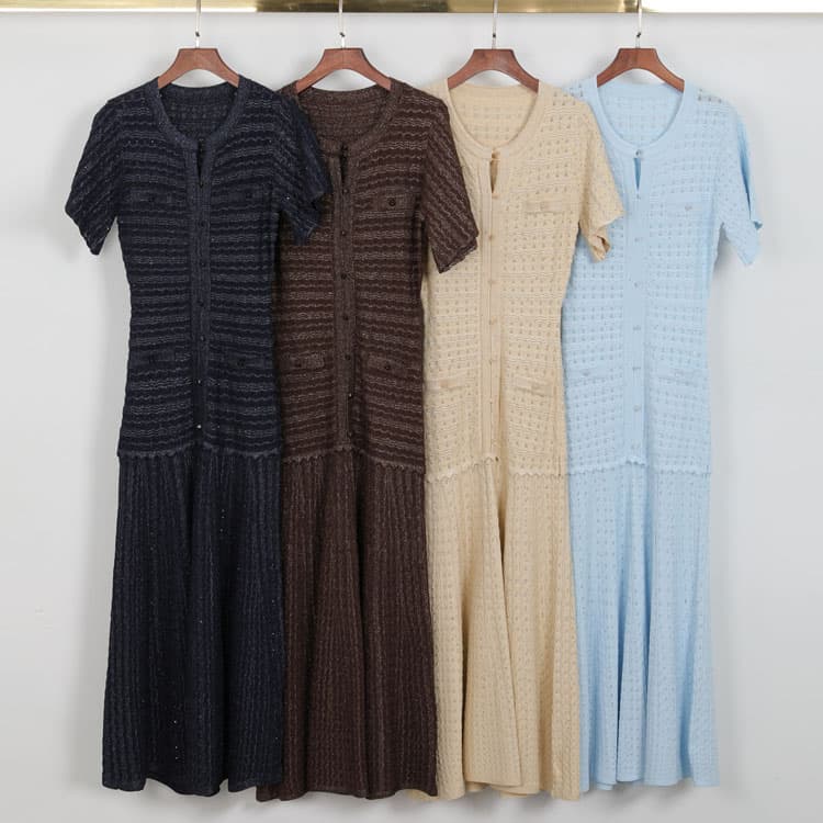 High Quality Summer New Arrival Elegant Slim Rhinestone Short Sleeve Glitter Dress Women Casual Knit Dress