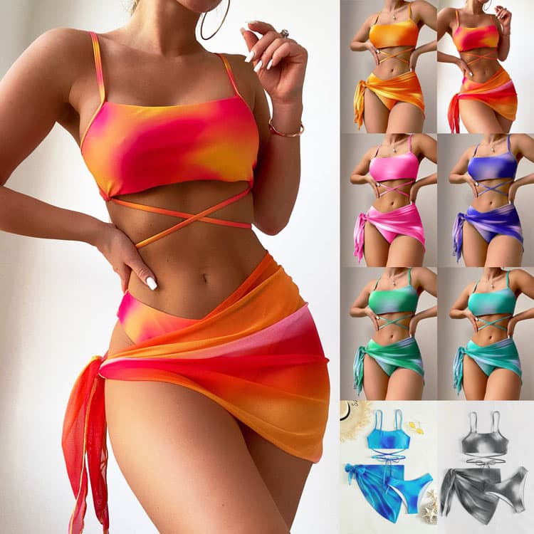 Women 2025 Tie Dye Bikini Set 3 Piece Sexy High Waisted Bikini Swimsuit with Sheer Skirt Cover up