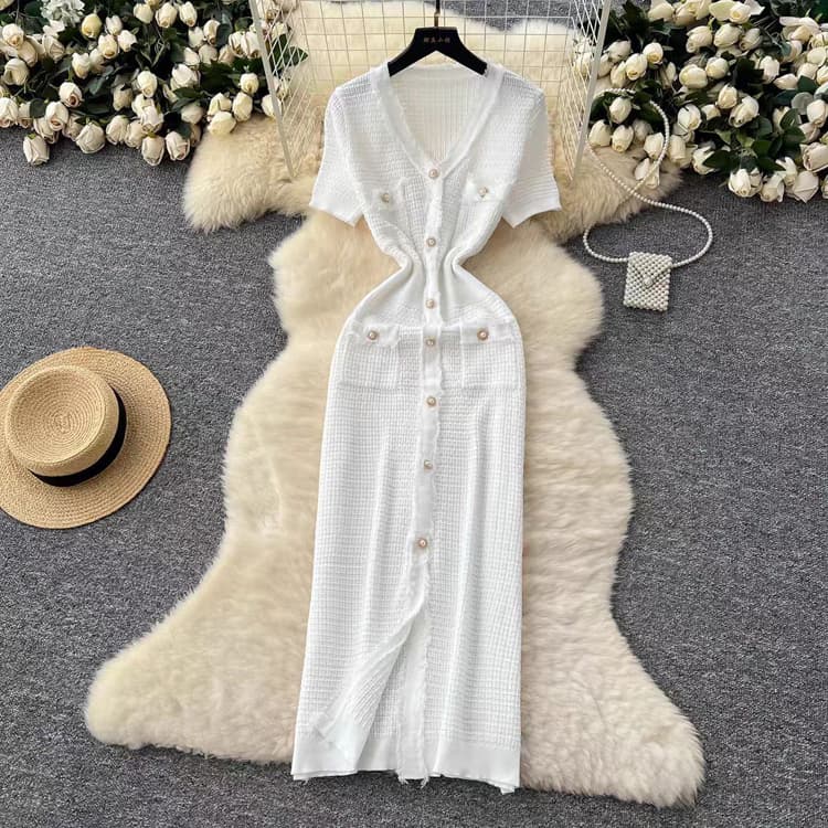 Women Brushed V Neck Short Sleeved Sweater Dress Waist Temperament Knitted Dress High Quality Button Stripes Women Knit Dress
