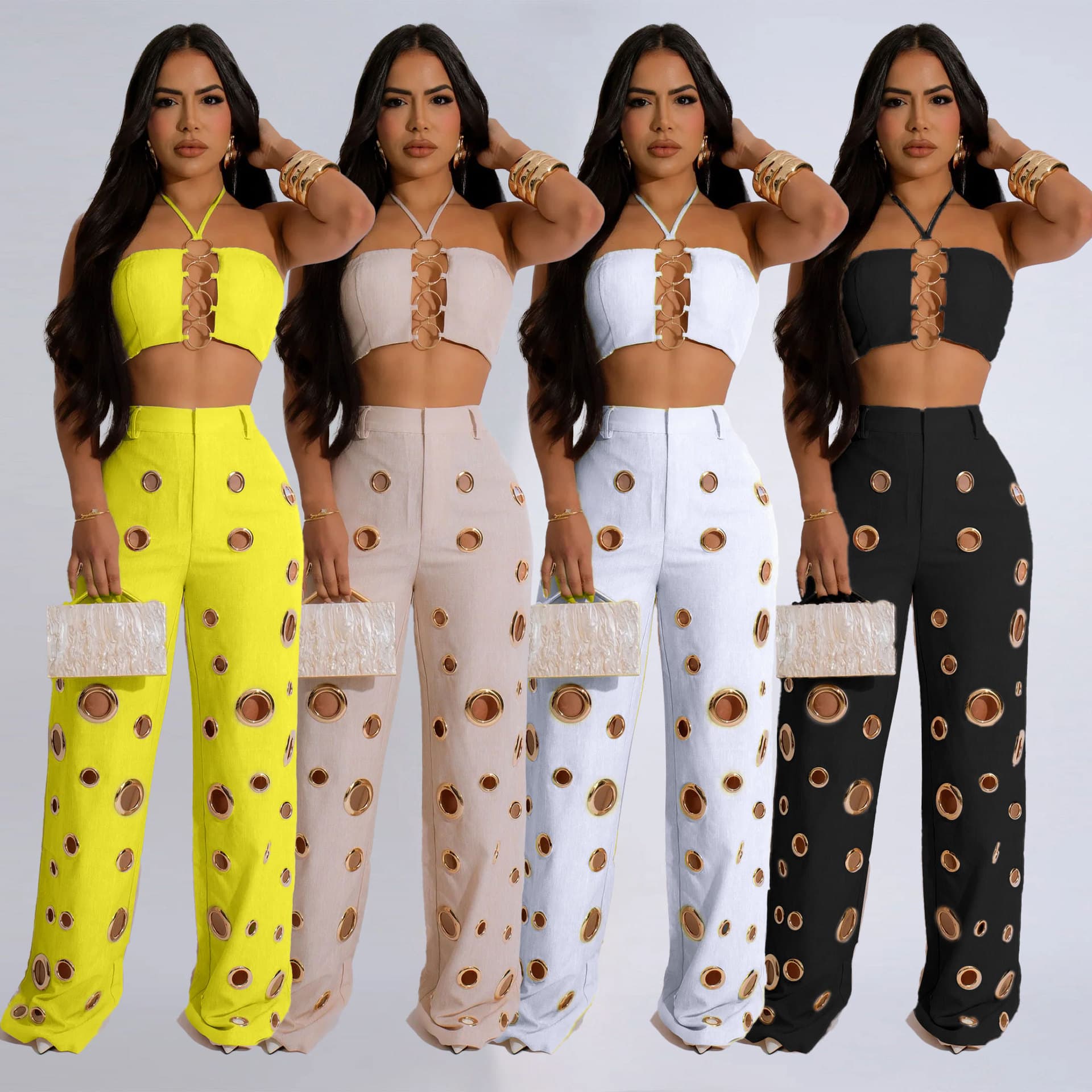 Sexy Halterneck Tube Top Sets Distressed Ring Trousers Wholesale Waist Baring Solid Color Women Suit