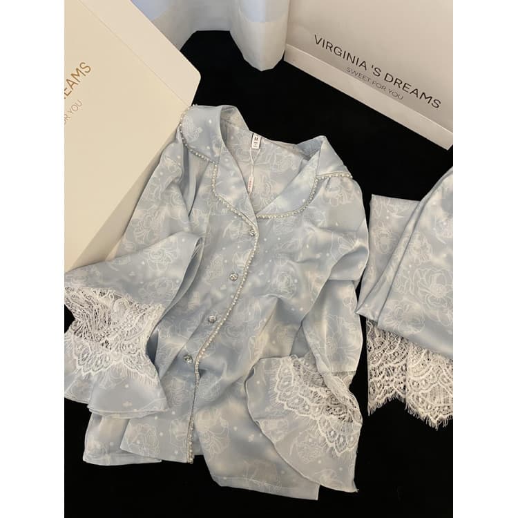 Lace Long Sleeve Top Wholesale Soft Elasticated Trousers Custom logo Printed Casual Pajamas Factory Direct