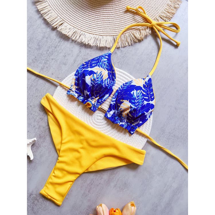 New Triangle Bikini Plant Printed Bandage Bikini Sexy Bareback Swimsuit Bikini