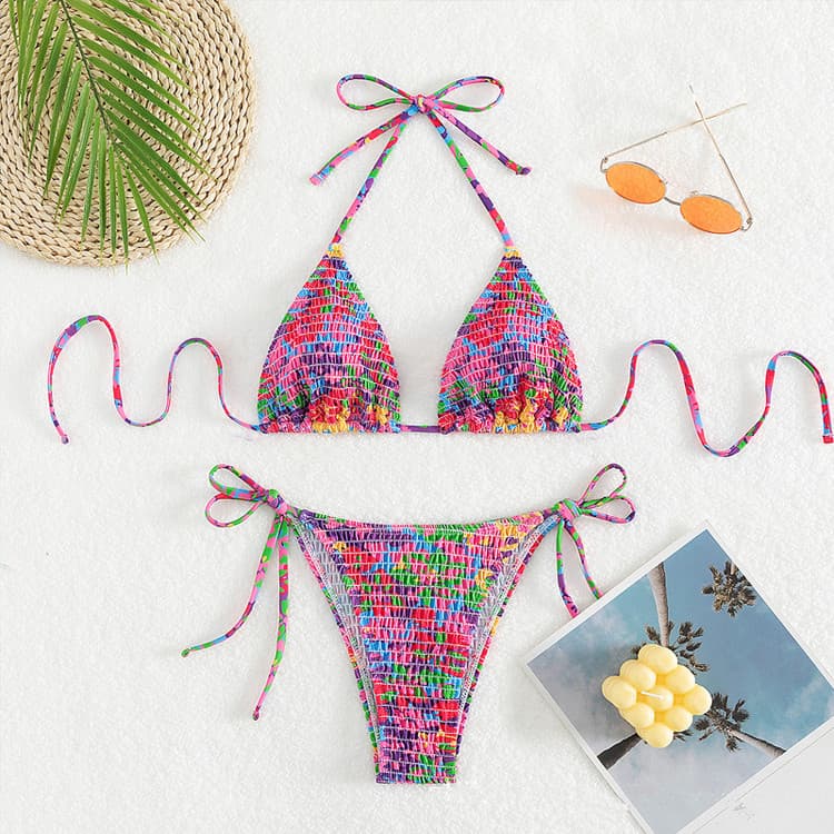 Manufacturer Wholesale Swimwear Rose Pink Floral Print Bikini Set Sexy Triangle Beachwear