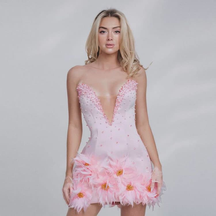 2025 New Bandage Dress Fashion Socialite Backless Nail Bead Feather Wrapped Buttocks Evening Dress Sexy Party Banquet Dress