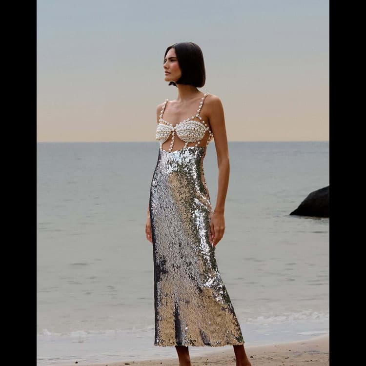 2025 New Noble Luxury Sexy Women Evening Dress Silver Sequin Splicing Pearl Dress Temperament Backless Women Dress