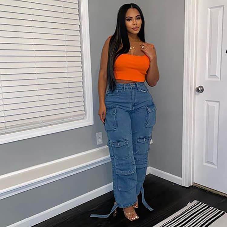 Wholesale S-4XL Women Jeans Fashion Trend Multi Pocket Work Pants Plus Size African Jeans