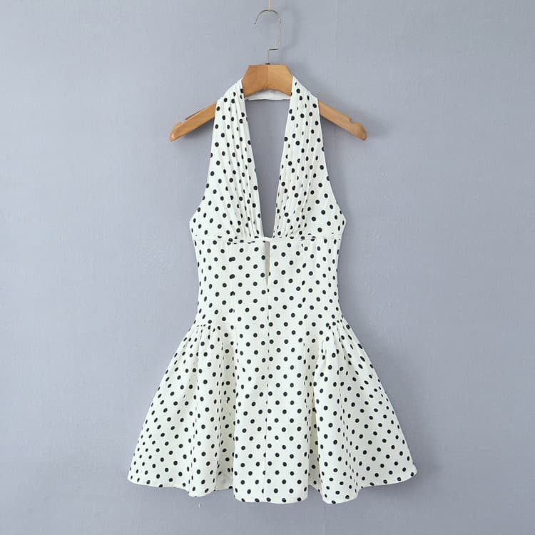 Polka Dot Halter Dress Wholesale Casual a Line Skirt Custom logo Stylish Deep V Mini Skirt Factory Direct
