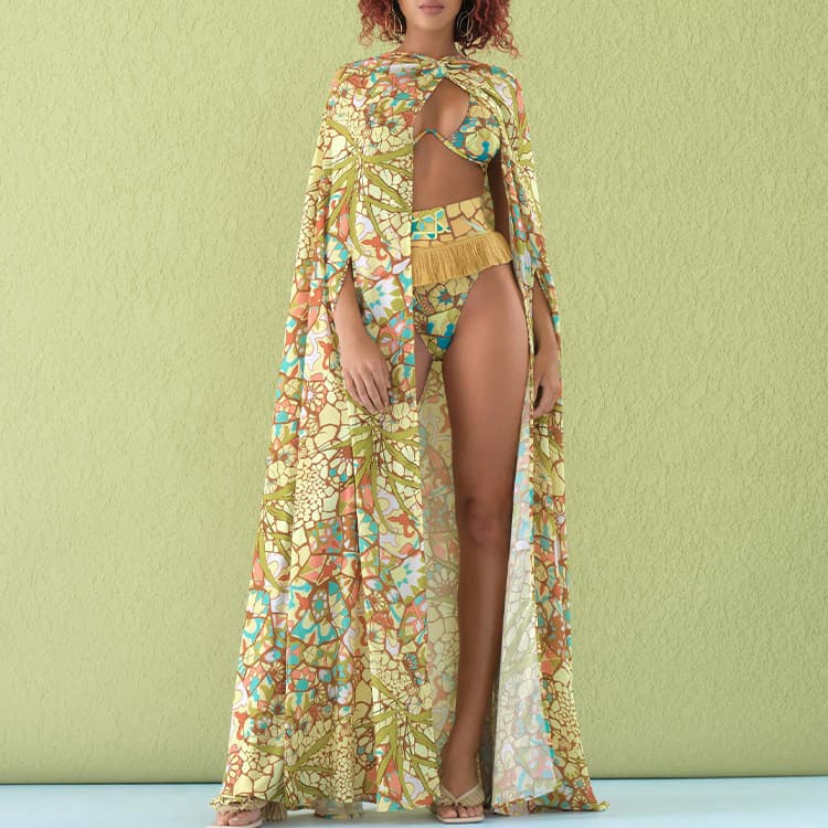 2023 Tassel Women Vacation Beach Cloak Floral Print Backless Sexy Hollow Bikini Swimsuit