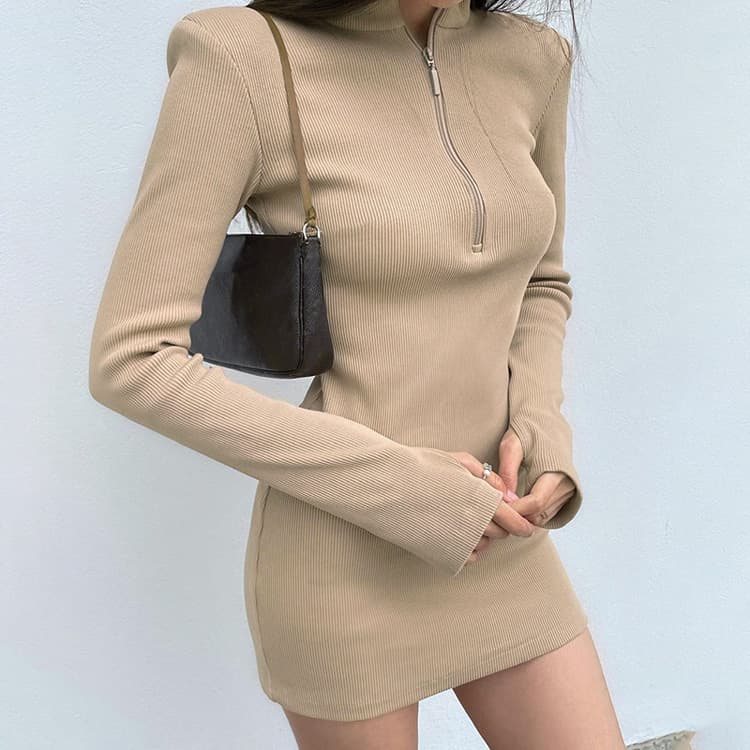 Women's Fashion High Neck Dress Zipper Long Sleeve Finger Sleeve Dress Sexy Women Dress