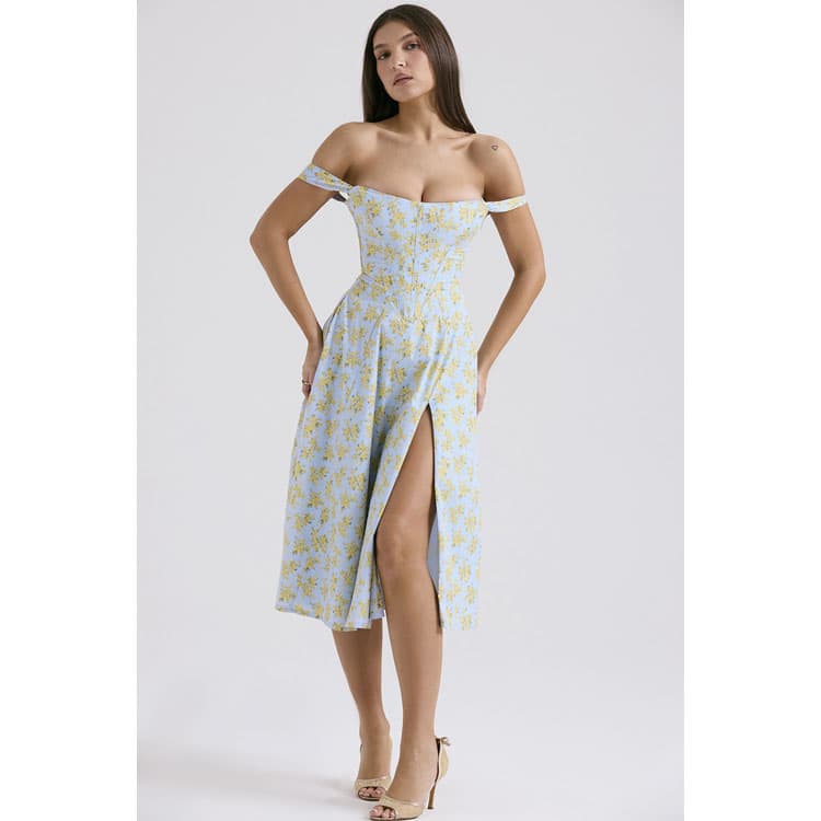 Summer 2024 New French Temperament Split Solid Sexy Floral Printed Halter Midi Dress for Women