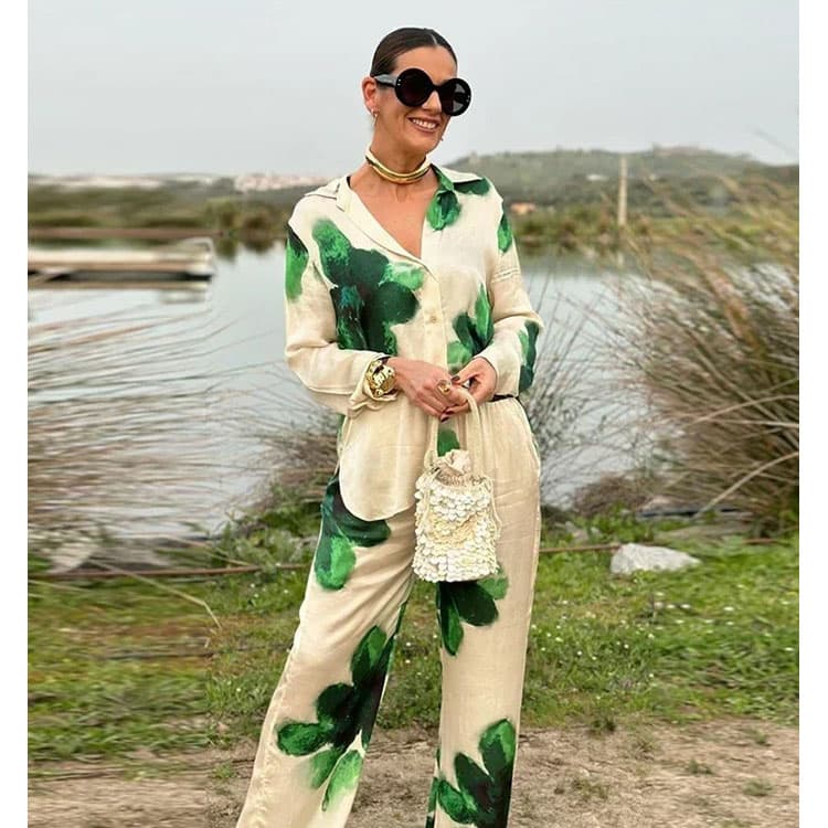 Green Printed Suit Custom logo Loose Straight Pants Factory Directly Long Sleeved Lapel Top Wholesale