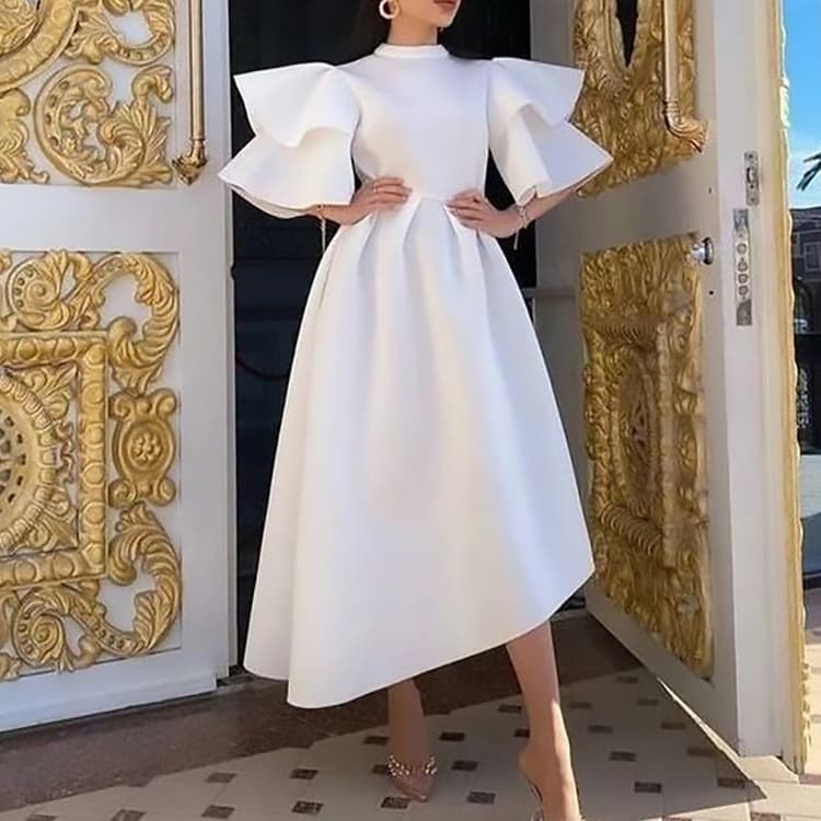 2025 Double Ruffle Sleeve Solid Color Large Swing Women Dress Elegant Asymmetrical Party Dress S-XXXXXL Plus Size Evening Dress