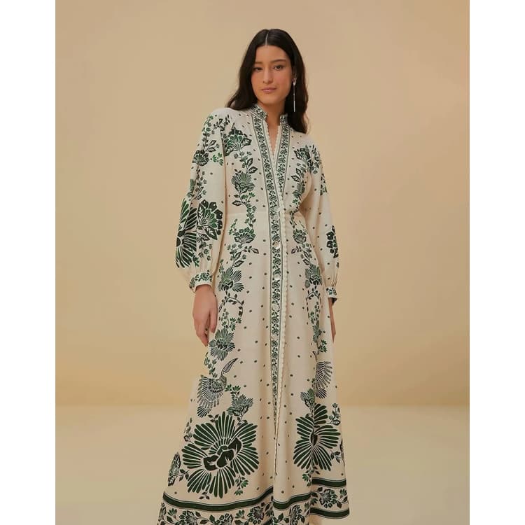 2024 Hot Selling Women Flower Printed Dress Loose Button V Neck Lantern Sleeve Casual Dress Holiday Long Dress