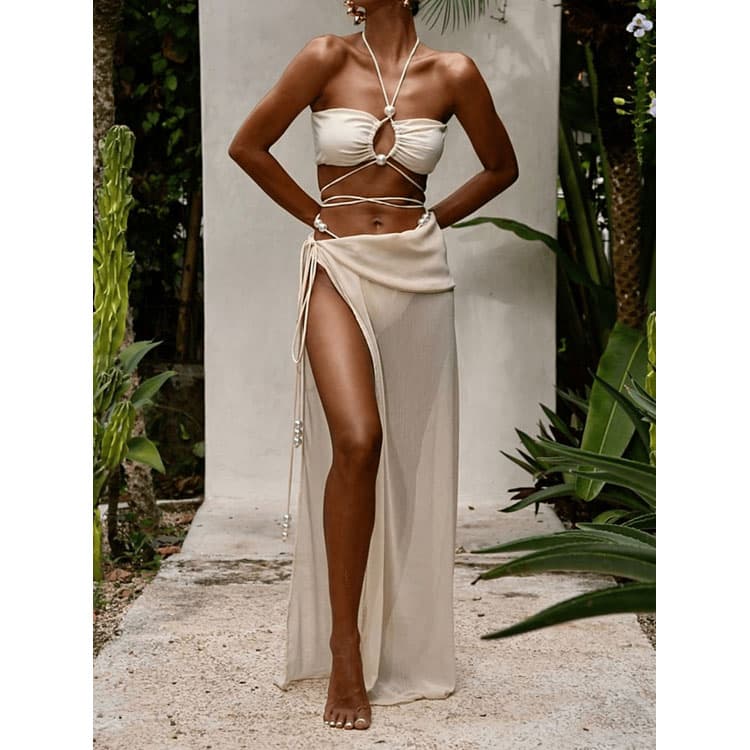 Wholesale Halter Elegant Girl Bikini Set White Tube Top Swimsuit Slit Long Skirt Sexy Bikini Swimwear