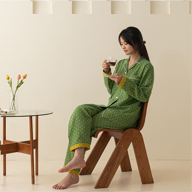 Polka Dot Pajama Set Wholesale Casual 100% Cotton Loungewear Custom logo Loose Straight Leg Pants Factory Direct