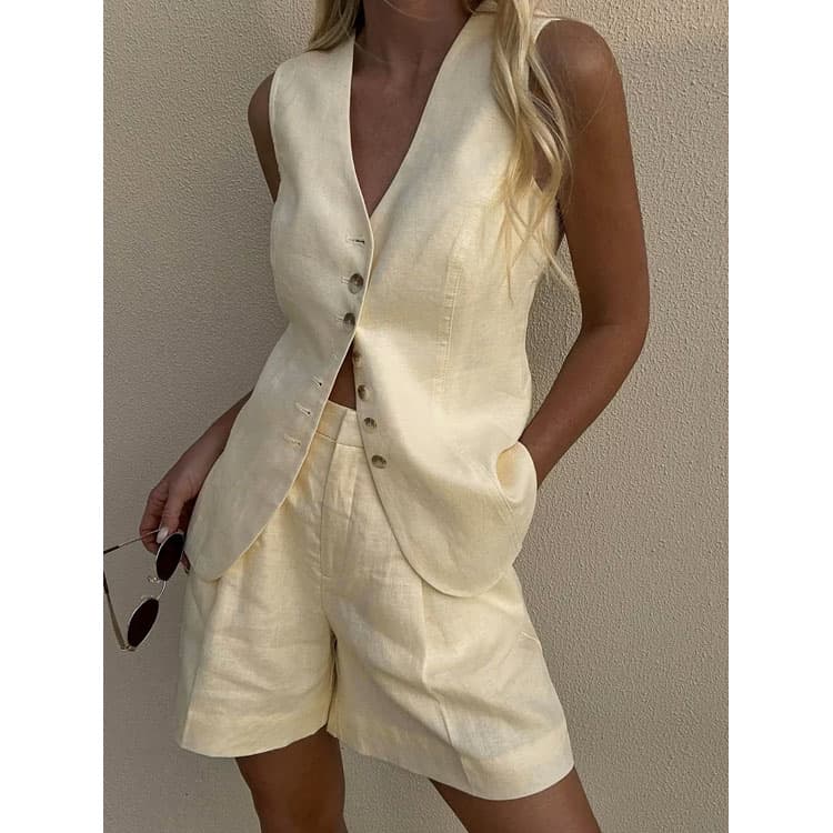 Cotton and Linen Women Set Wholesale Sleeveless Solid Color Vest Custom logo Casual Shorts Factory Direct