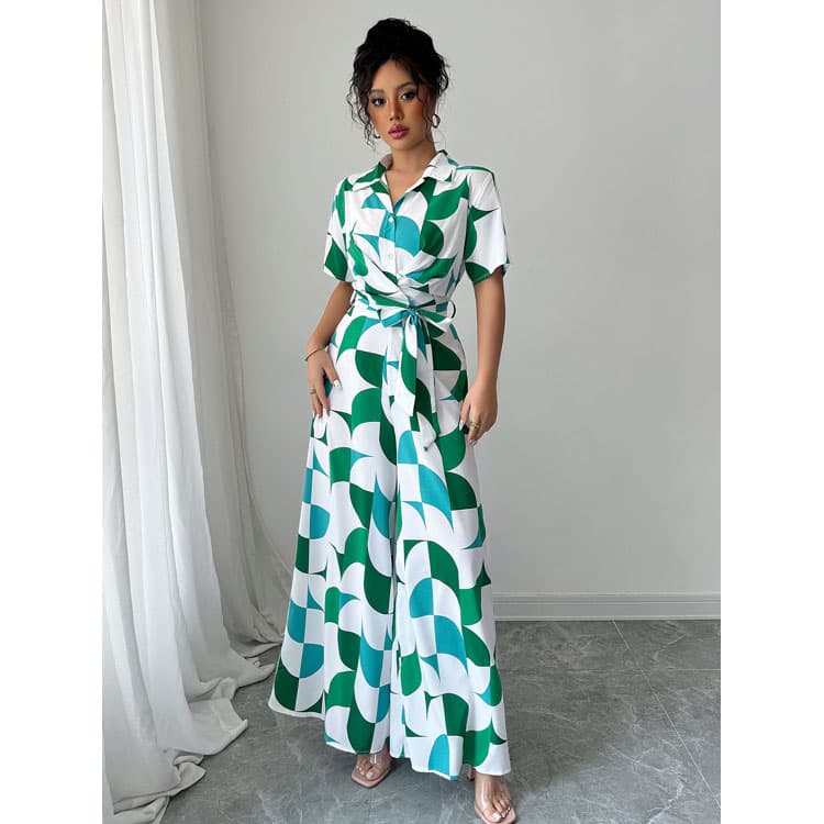 Printed Fashion Women Set Wholesale Ribbon Waist Jumpsuit Custom logo Loose Straight Pants Factory Directly