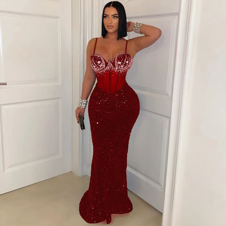 Rhinestone Evening Dress Custom logo Sexy Mesh Slip Dress Factory Direct Fashion Sequined Trim Dress Wholesale