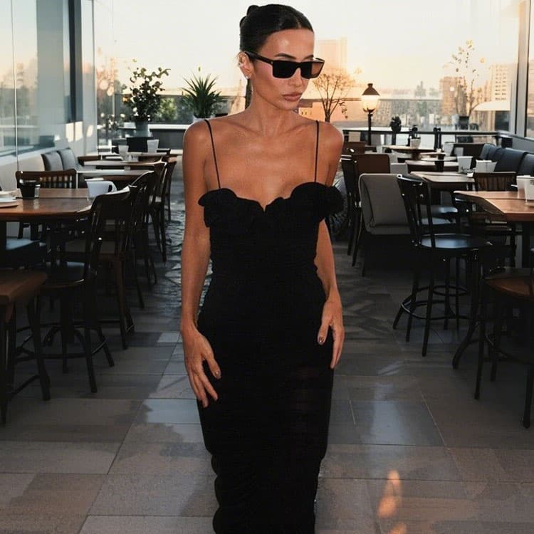 2025 Hot Style Fashion Women Casual Dress Slim Ruffled Tight Fitting Pleated Dress Spaghetti Straps Long Dress