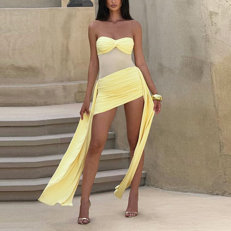 Strapless Mesh Dress Wholesale Bandage Solid Color Dress Custom logo Pleated Simple Dress Factory Direct