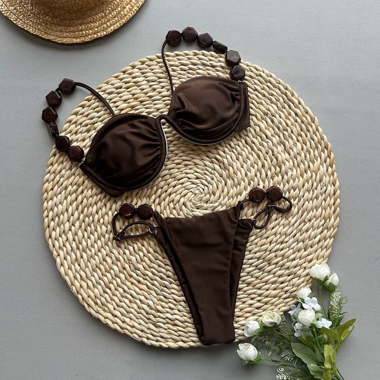 Wholesale Shiny Brown Bikini Sexy Beaded Bikini Push up Brazilian Swimwear