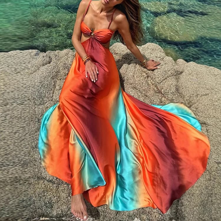 Wenshuo Sexy Halter Neck Dress Wholesale Backless Printed Dress Custom logo Fashion Gradient Dress Factory Direct