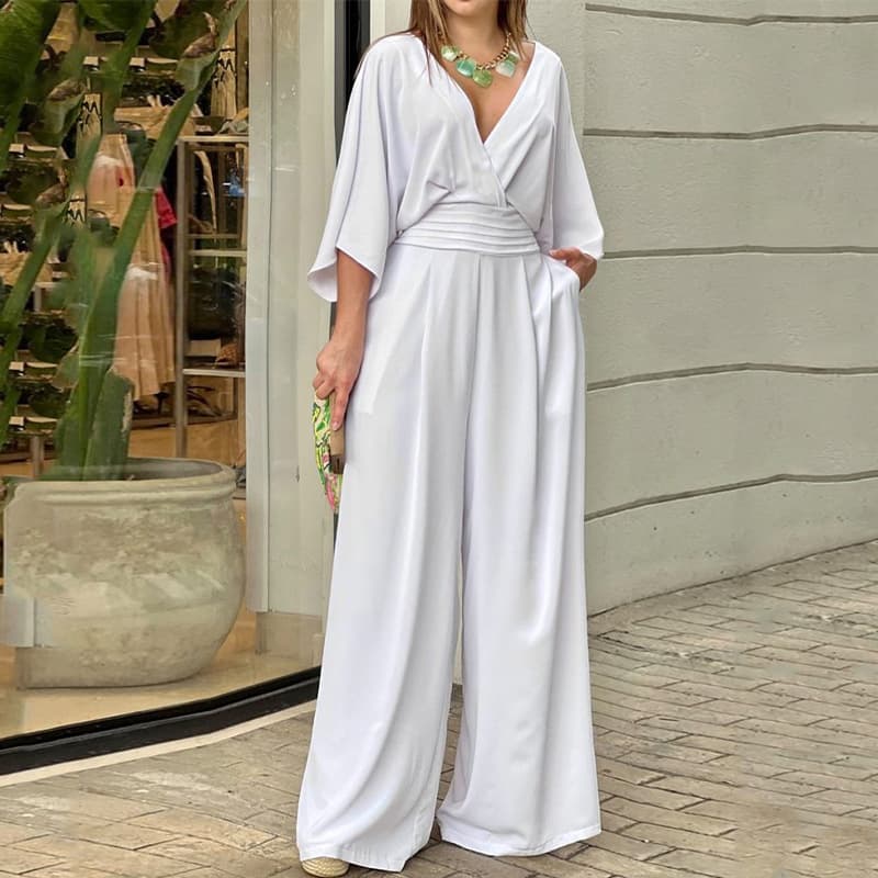 S-3XL Loose Straight Trousers Factory Directly Sexy Women Suits Wholesale Solid Color Long Sleeve Deep V Neck Set