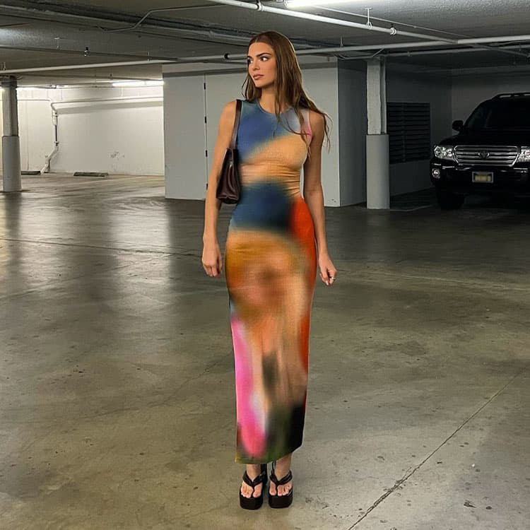 Hot Sell Women Casual Dress Elegant Tie Dye Printed Split Sleeveless Dress Crew Collar Bdycon Long Dress Wholesale