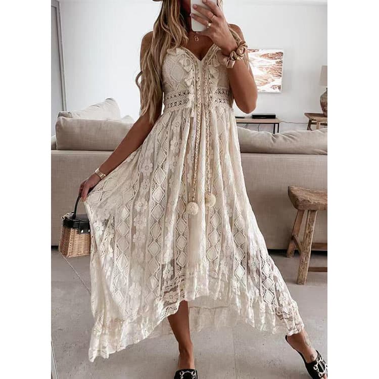 2025 Summer Long Dress Casual Lace Cardigan Single Button Dress for Women