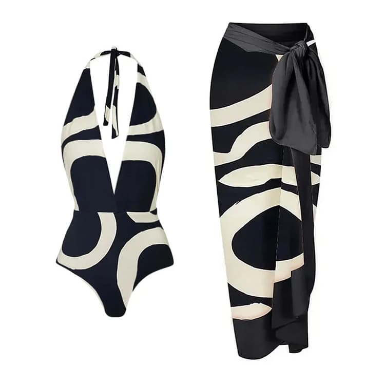 Black White Color Blocking Sexy High Waisted One Shoulder Three Piece Swimsuit Set Cover up Dress Bikini