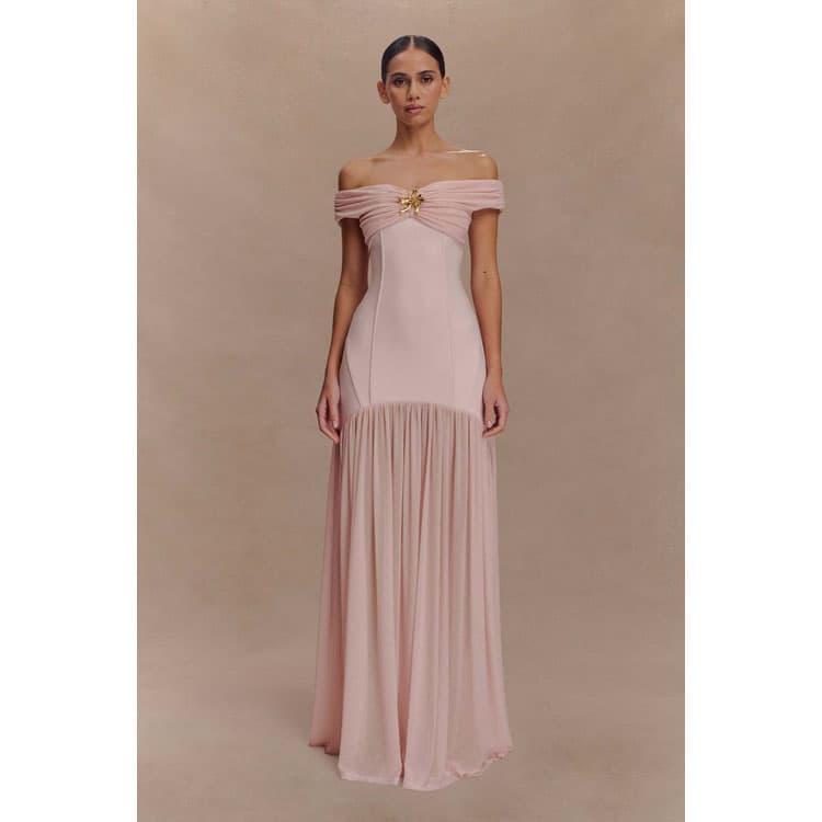 3D Flower Floor Length Dress Wholesale Mesh Pleated Maxi Dress Custom logo Off the Shoulder Dress Factory Direct