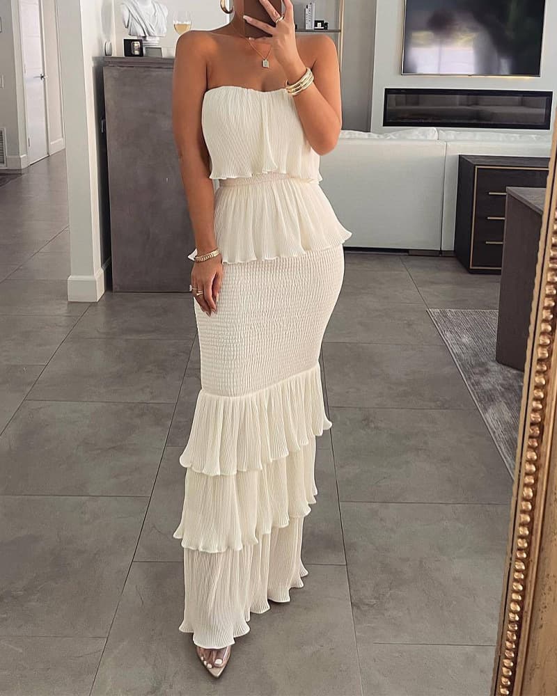 2024 New High Quality Temperament Dress Solid Color Sexy Slim Fit Women Dress Strapless Pleated Ruffle Long Casual Dress